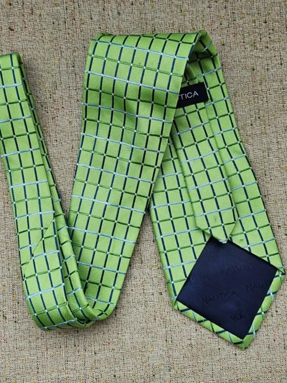 Vintage Nautica Men Tie Green Tone 100% Silk Necktie Classic Dress Tie